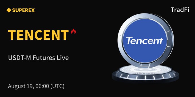 The image is a promotional banner from SuperEx announcing the launch of TENCENT USDT-M Futures trading, featuring the SuperEx and TradFi logos alongside a stylized 3D platform displaying the Tencent brand. It specifies the launch date and time as August 19, 06:00 (UTC), supporting the post's announcement that Tencent futures are now available for trading in both directions.