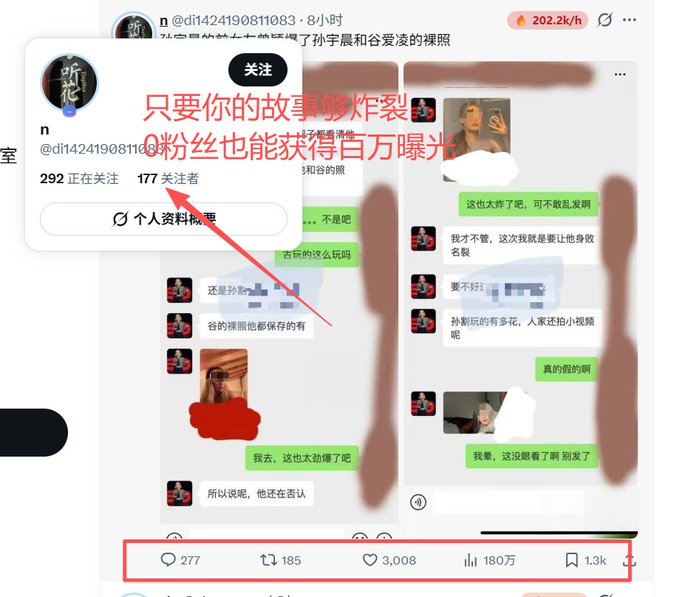 The image shows a Chinese X post by user @dil424190811083 with 177 followers, featuring a viral news story about leaked photos that garnered 1.8 million views, 3,008 likes, and 1.3k bookmarks despite the account's small following—illustrating the claim that compelling stories can achieve massive reach even with zero followers.