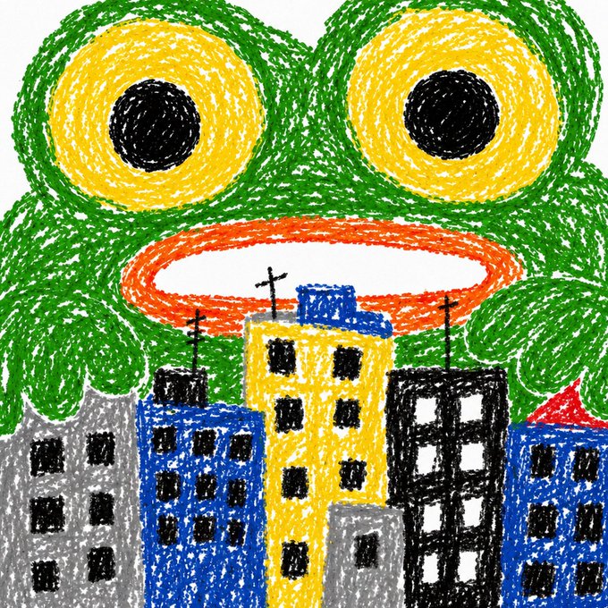 A crayon-style drawing depicting a large green creature with yellow and black eyes looming over a colorful cityscape with blue, yellow, and gray buildings.
