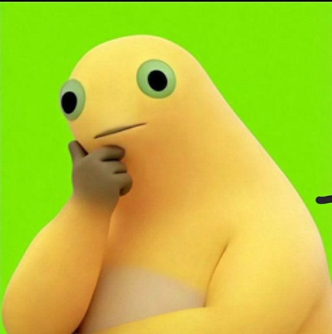 A yellow, blob-like 3D character with wide eyes rests its hand on its chin in a thoughtful pose against a bright green screen background. The image evokes a moment of hesitation or consideration, fitting the post's statement "I just aped this," suggesting the user impulsively followed a crowd's actions without thinking it through.