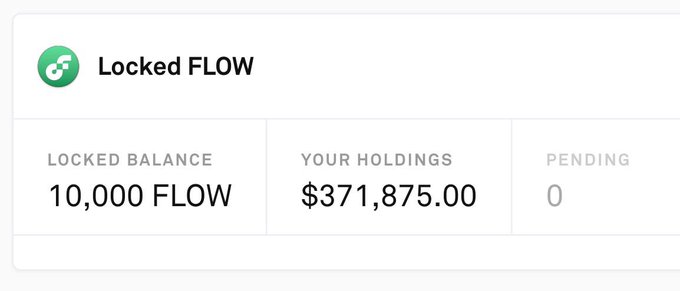 A dashboard widget showing "Locked FLOW" with a locked balance of 10,000 FLOW, holdings valued at $371,875.00, and 0 pending transactions—visually supporting the caption's reference to $FLOW holdings.