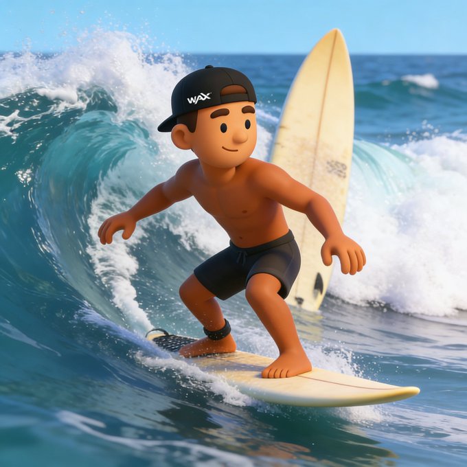 The image features a cartoon boy surfing on a wave while wearing a black hat. There are two surfboards present - one behind him, and another further away from the main scene. The background of the image shows an ocean with waves crashing against each other. The caption "Happy World Oceans Day, WAXFAM. The ocean never stops moving. Neither do we." emphasizes the importance of ocean conservation and highlights the beauty of nature in this particular setting.