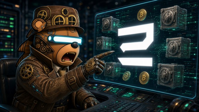 A steampunk-styled bear wearing goggles and a mechanical coat points urgently at a holographic display showing a stylized "Z" logo surrounded by Bitcoin symbols and vault-like boxes, with the the post's message about dormant crypto wallets and starting "zaps" symbolizing the awakening of idle holdings—mirroring the bear's shocked, pointing reaction to discovering previously quiet wallets already had activity waiting to be revealed.