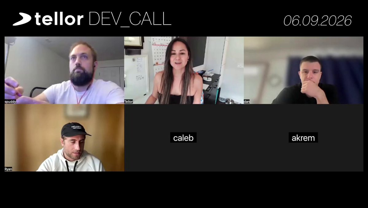 The image shows a group of four people sitting behind their computer screens, participating in a video call using Tellor's Dev Call platform. They are all facing the camera, with one person wearing a baseball cap. The background appears to be a typical home or office setting, and there is text on the screen that reads "Tellor Dev Call".