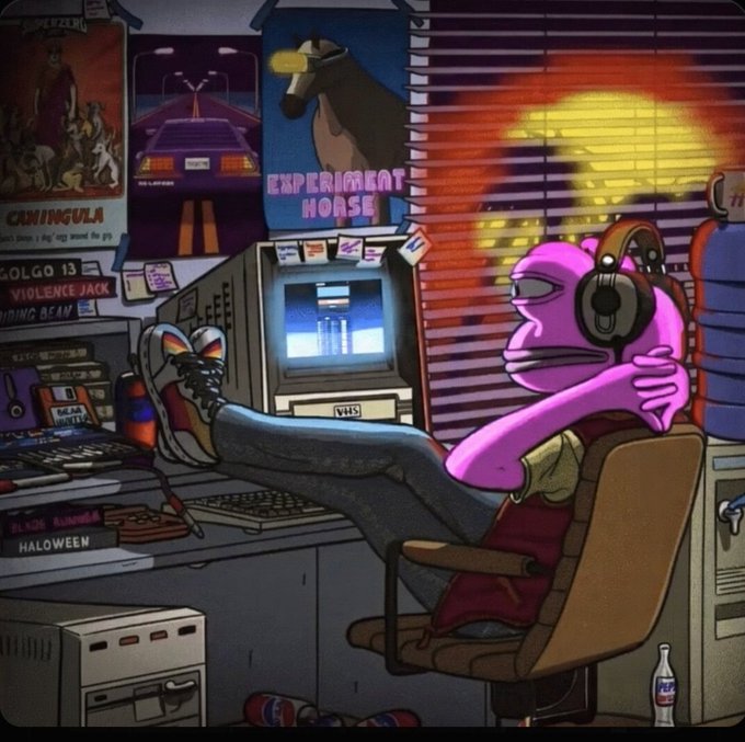 An animated scene of a pink frog-like character with headphones lounging with feet up on a desk in front of a vintage computer, surrounded by posters including 'Experiment Horse' and VHS tapes like 'Cannibula' and 'Halloween'.