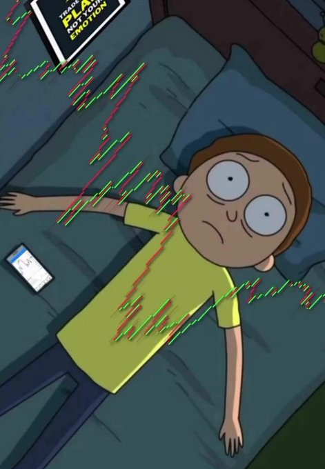 Morty from Rick and Morty lies paralyzed in bed with glitch-like red and green lines streaking across him, near a book titled "TRADING IS NOT YOUR EMOTION" and a smartphone — visually matching the post "Gn" (good night) by depicting the chaotic, overstimulated mental state one feels at bedtime.