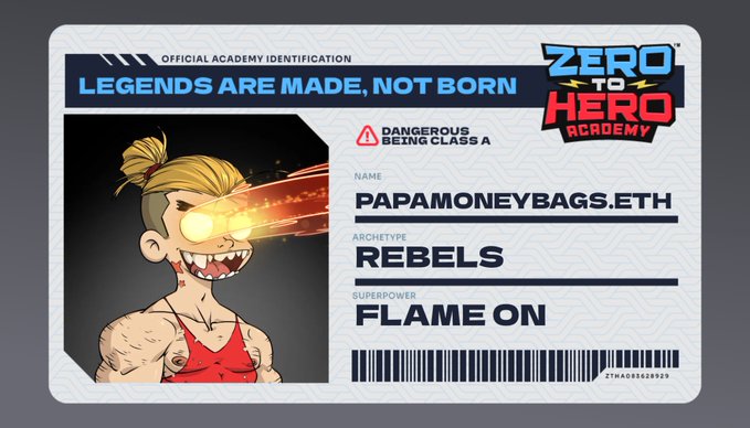 An "Official Academy Identification" card for "Zero to Hero Academy" features a cartoon character with flaming eyes. The name is listed as "PAPAMONEYBAGS.ETH," the archetype as "REBELS," and the superpower as "FLAME ON," with a "DANGEROUS BEING CLASS A" warning.