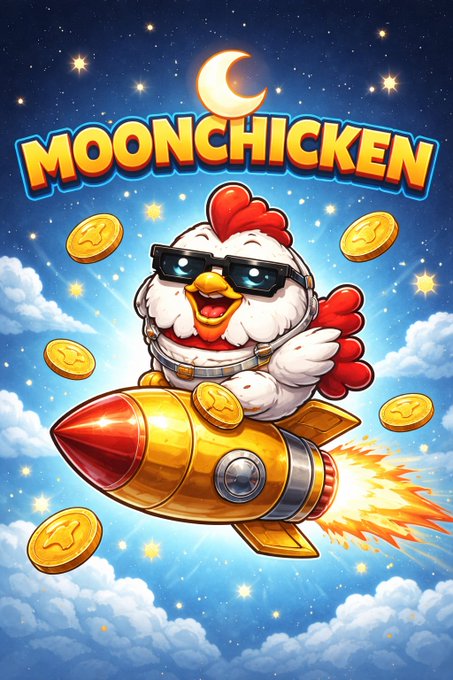 Cartoon graphic titled 'MOONCHICKEN' showing a cool chicken wearing sunglasses riding a rocket through clouds with floating gold coins and a crescent moon.