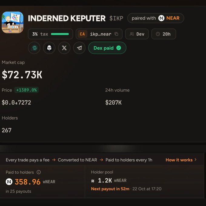 A crypto token page for “INDERNED KEPUTER” paired with NEAR, showing a market cap of $72.73K, price of $0.07272, 24h volume of $207K, 267 holders, and payout information.