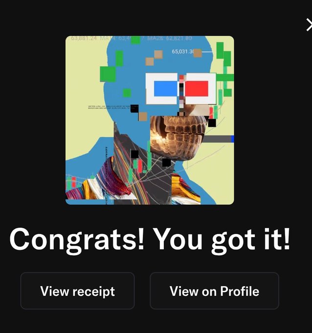 A digital artwork featuring a skull and 3D glasses in a glitchy style, with the text 'Congrats! You got it!' and buttons to 'View receipt' and 'View on Profile'.