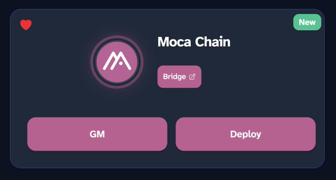 A digital interface card for 'Moca Chain' featuring a heart icon, a 'New' badge, a 'Bridge' button, and two larger buttons labeled 'GM' and 'Deploy'.