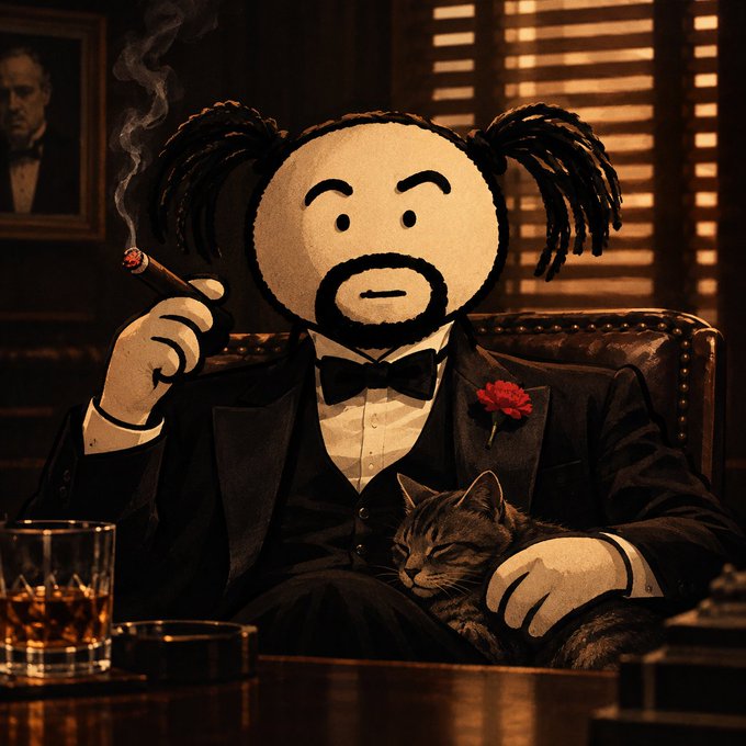 A stylized, doll-like man in a black tuxedo smokes a cigar while seated in a leather chair with a cat on his lap; an amber drink and ashtray sit in the foreground.