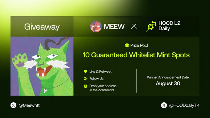 A green-themed giveaway graphic from Meew NFT and Hood L2 Daily features a cartoonish green cat character, announcing 10 guaranteed whitelist mint spots for a mint event, with an August 30 winner announcement date. The image aligns with the post's call to action, listing entry requirements: like & retweet, follow both accounts, and drop an address in the comments.