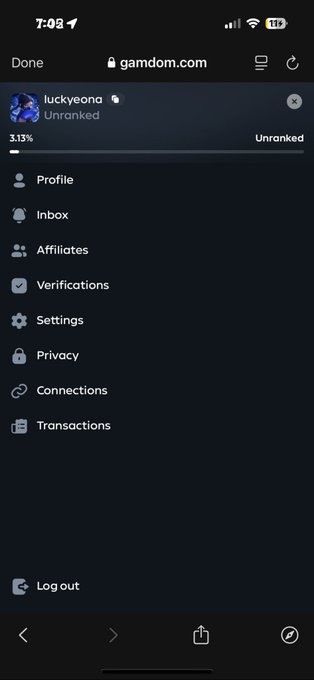 A mobile screenshot of the gamdom.com website showing a user account menu for "luckyeona" (Unranked, 3.13%) with options including Profile, Inbox, Affiliates, Verifications, Settings, Privacy, Connections, Transactions, and Log out.