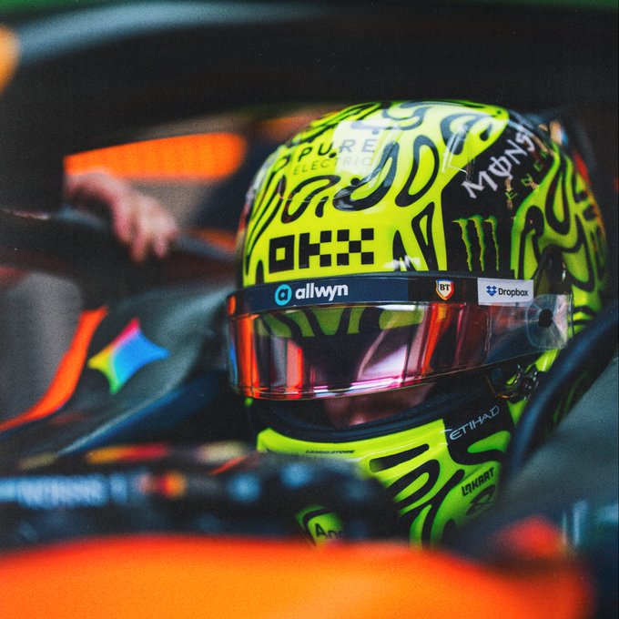 A Formula 1 driver in the cockpit wears a neon yellow and black helmet featuring sponsor logos including "Allwyn," "Dropbox," "Monster," "Unipart," and "Ethihad," with the post referencing the qualifying session's pace ahead of the Austrian Grand Prix.