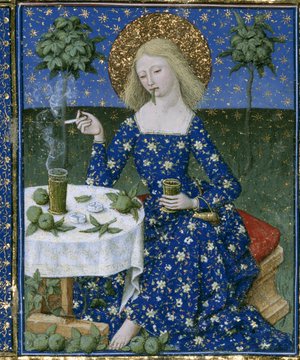 This appears to be a medieval-style illuminated manuscript illustration depicting a haloed woman in a blue floral dress seated at a table, smoking from a small vessel while surrounded by foliage and golden stars on a deep blue background. The post references "Me & my available works on @objktcom," suggesting the artist is promoting their digital art (likely NFTs) on the Objkt marketplace, with this being one of their artistic offerings.