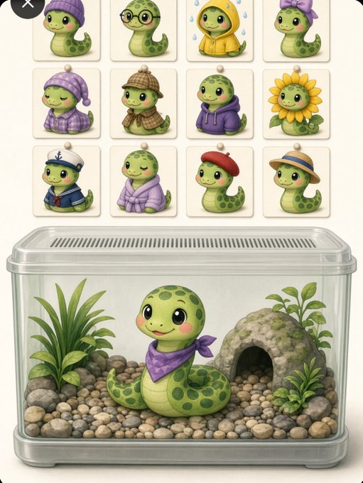 An illustration of cute cartoon snakes in various outfits (hoodies, hats) displayed in a grid above a terrarium containing a single smiling green snake with a purple bandana.