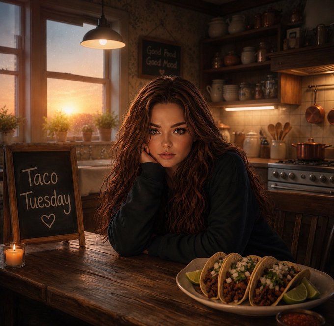 A young woman with long dark hair resting her chin on her hands at a wooden table with a plate of tacos and lime wedges, next to a chalkboard sign reading 'Taco Tuesday' in a warm, sunlit kitchen.