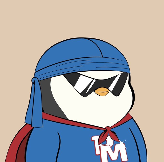 A cartoon illustration of a penguin character wearing a blue helmet, blue suit, red cape, and black sunglasses, with a white 'TM' logo on its chest, set against a peach-colored background.