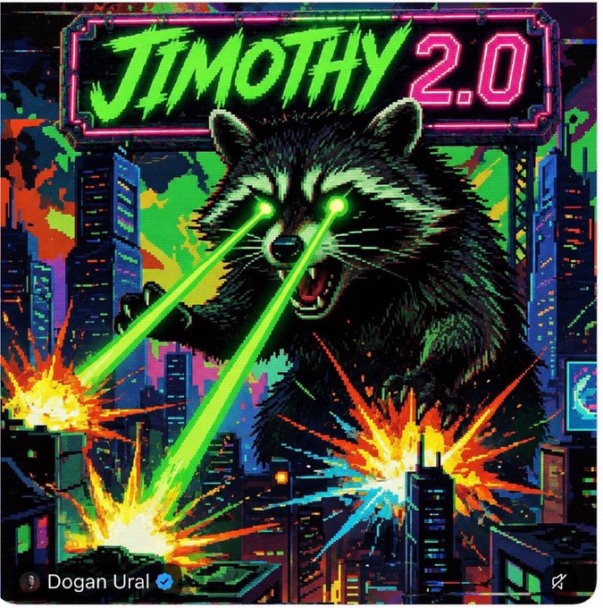 A pixel art illustration titled "JIMOTHY 2.0" depicts a giant raccoon shooting neon green laser beams from its eyes, causing massive explosions across a cyberpunk cityscape. The image, credited to Dogan Ural, evokes destruction and chaos as a dramatic visual metaphor for the volatility and widespread impact of crypto airdrops on the market.