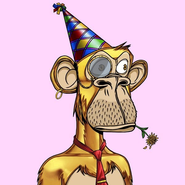 A digital illustration of a Bored Ape-style monkey NFT character wearing a party hat, monocle, and red tie, with a flower in its mouth, set against a pink background.