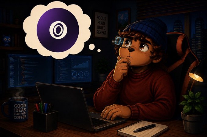 A cartoon illustration of a person wearing a beanie and VR headset sitting at a laptop in a dark room, thinking about the Obsidian logo with motivational posters on the wall.