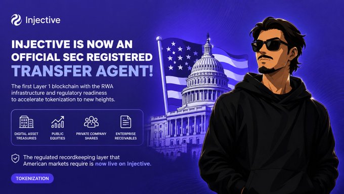An Injective announcement stating "INJECTIVE IS NOW AN OFFICIAL SEC REGISTERED TRANSFER AGENT!" noting it as the first Layer 1 blockchain with RWA infrastructure and regulatory readiness, illustrated with the US Capitol and a stylized figure in sunglasses.