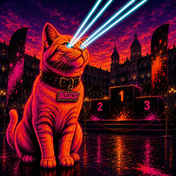 Vibrant neon-colored illustration of a tabby cat with glowing blue laser eyes wearing a 'BOSSCAT' tag, with a 1-2-3 podium in the background.