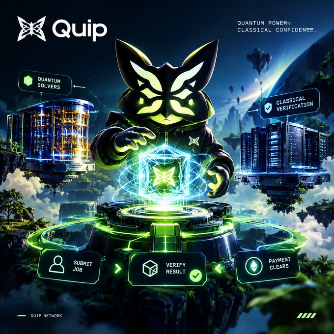 A futuristic digital artwork for "Quip" featuring a glowing green fox-like character with quantum/computing motifs, displaying "QUANTUM POWER. CLASSICAL CONFIDENCE." and workflow steps: SUBMIT JOB → VERIFY RESULT → PAYMENT CLEARS.