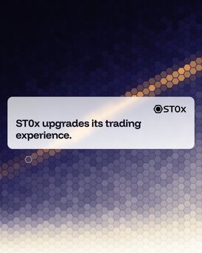 The image shows a stylized notification card with the text "ST0x upgrades its trading experience" displayed prominently against a dark hexagonal patterned backdrop, visually reinforcing the post's announcement about ST0x retiring its old trading app in favor of third-party platforms like Uniswap and KyberSwap.