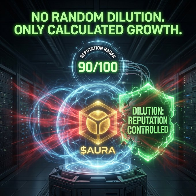 A promotional graphic featuring a glowing aura shield with the text 'NO RANDOM DILUTION. ONLY CALCULATED GROWTH.', 'REPUTATION RADAR 90/100', '$AURA', and 'DILUTION: REPUTATION CONTROLLED'.