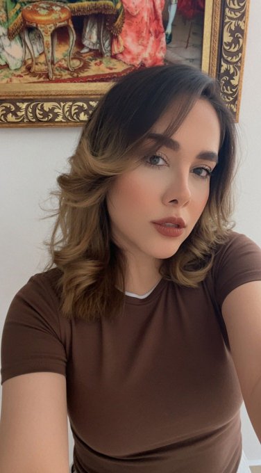 A selfie of a woman with wavy blonde-highlighted hair wearing a brown t-shirt, with an ornate framed painting visible on the wall behind her.