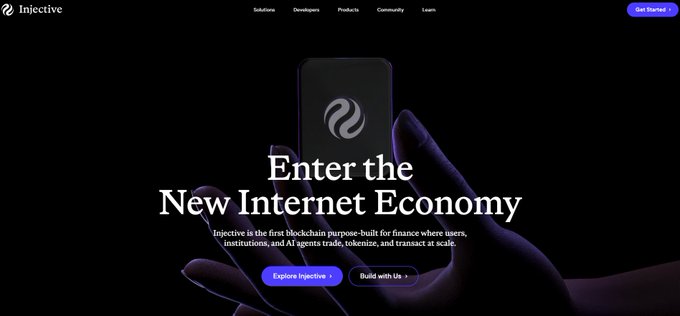 The image shows Injective's homepage featuring a hand holding a smartphone with the Injective logo, displaying the headline "Enter the New Internet Economy" and describing it as the first blockchain purpose-built for finance. This visually supports the post's thesis that $INJ is a purpose-built financial layer for users, institutions, and AI agents to trade, tokenize, and transact on a unified network.