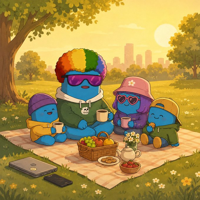 A colorful cartoon illustration of four blue characters having a picnic on a checkered blanket with fruit, cookies, and tea, set in a park with a city skyline at sunset.