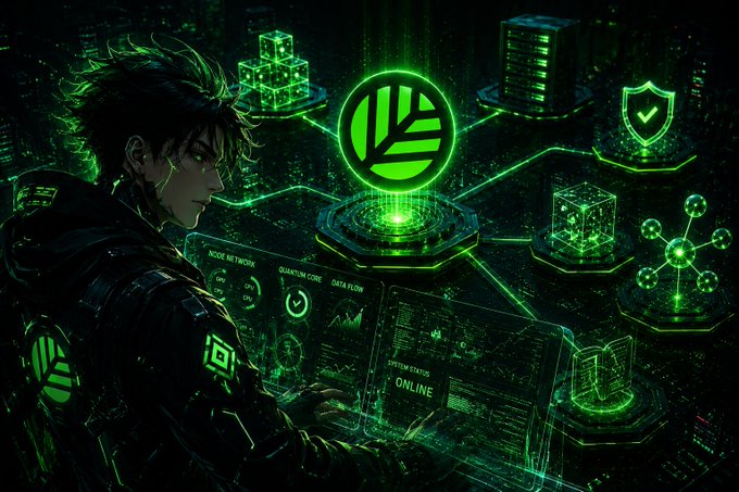 A cyberpunk-style hacker in green-lit attire operates holographic dashboards labeled "NODE NETWORK," "QUANTUM CORE," "DATA FLOW," and "SYSTEM STATUS: ONLINE," surrounded by interconnected icons representing servers, security shields, and networked nodes—visually reinforcing the post's theme of Canopy (CNPY) as a sophisticated, integrated infrastructure simplifying sovereign appchain development.