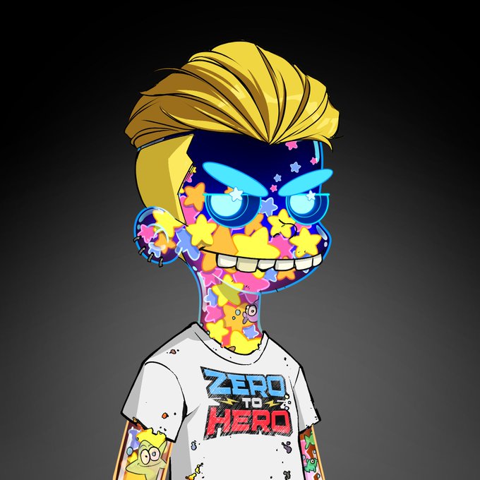 A digital cartoon character with blonde hair, glowing blue eyes, and a face and body filled with colorful stars, wearing a white t-shirt that reads 'ZERO TO HERO' against a dark gradient background.