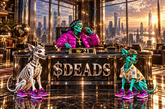 A stylized, surreal AI-generated image showing a figure in a pink jacket and crown at a luxurious desk labeled '$DEADS' with two skeleton-like creatures wearing sneakers beside him, set against a city skyline.