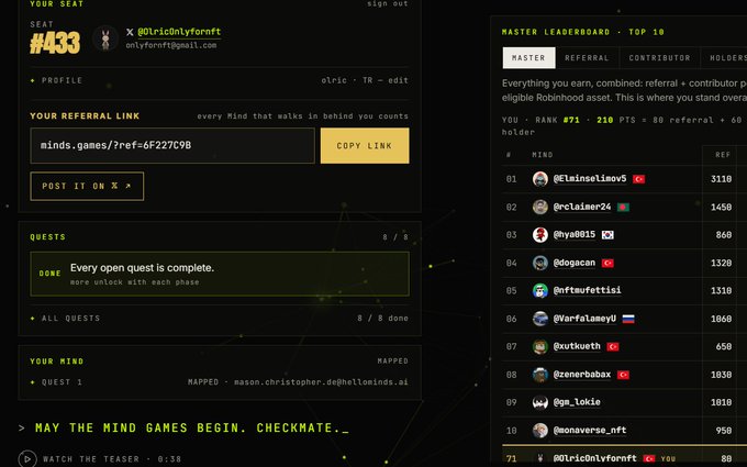 A dashboard interface for 'YOUR SEAT #433' displays a referral link, completed quests, and a 'MASTER LEADERBOARD - TOP 10' featuring various users and rankings.