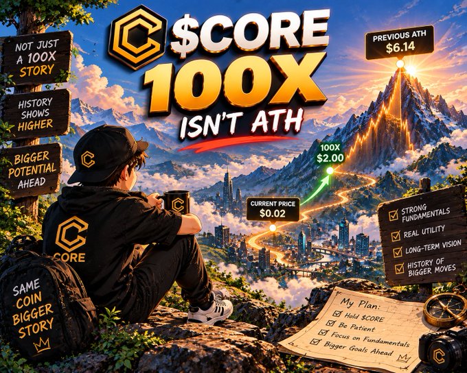 A promotional graphic for '$CORE 100X ISN'T ATH' featuring a person overlooking a mountain landscape, with text noting current price $0.02, 100X target $2.00, and previous ATH $6.14.