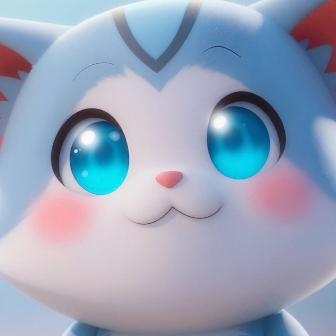 A close-up 3D rendering of a cute, fluffy blue and white cat-like character with large sparkling blue eyes and rosy pink cheeks, appearing to greet the viewer with a gentle smile—perfectly matching the warm "Oh, hello there." greeting.