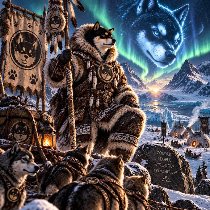 A fantasy illustration shows a shiba inu dog dressed in fur shamanic attire holding a staff, with a large blue wolf spirit in the northern lights above a snowy village; a rock reads "COLDER PEOPLE STRONGER TOMORROW".