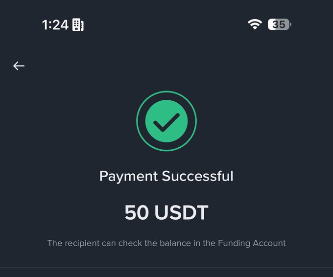 A mobile screen displays a "Payment Successful" confirmation for 50 USDT, with a note that "The recipient can check the balance in the Funding Account." The image ties to the post as visual proof of a crypto tip being sent to active night users.