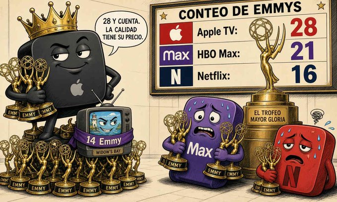 The image is a cartoon illustrating an Emmy award count, showing Apple TV (personified as a crowned figure holding trophies) leading with 28 awards, followed by HBO Max with 21 and Netflix with 16, while a sweating, sad-looking Max character and a red Netflix character hold their trophies below an "El Trofeo Mayor Gloria" (Trophy of Greatest Glory) display.