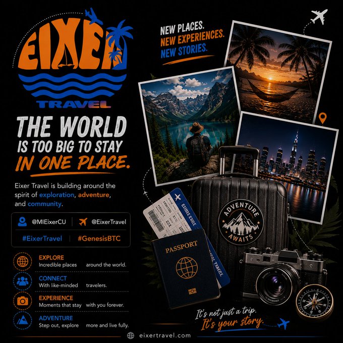 A travel promotional poster for 'Eixer Travel' featuring destinations like mountains and beaches, with tags #EixerTravel #GenesisBTC and website eixertravel.com.