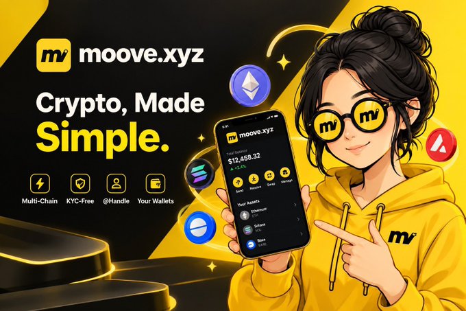 A promotional graphic for 'moove.xyz' featuring an animated character in a yellow hoodie holding a phone displaying a balance of $12,458.32, with the tagline 'Crypto, Made Simple.'