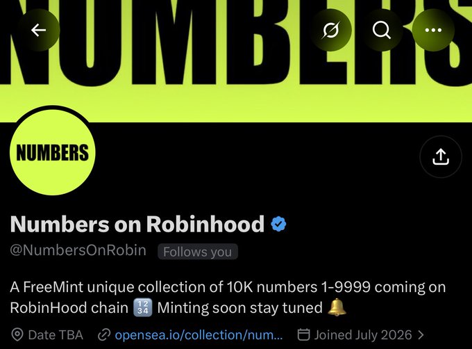 The image shows the X (Twitter) profile page for "Numbers on Robinhood" (@NumbersOnRobin), a verified account promoting a 10K FreeMint NFT collection of numbers (1-9999) coming to the Robinhood chain, with minting details still TBA. This profile aligns with the accompanying giveaway post announcing a flash freemint giveaway for followers of @NumbersOnRobin, where winners are expected within 2 hours.