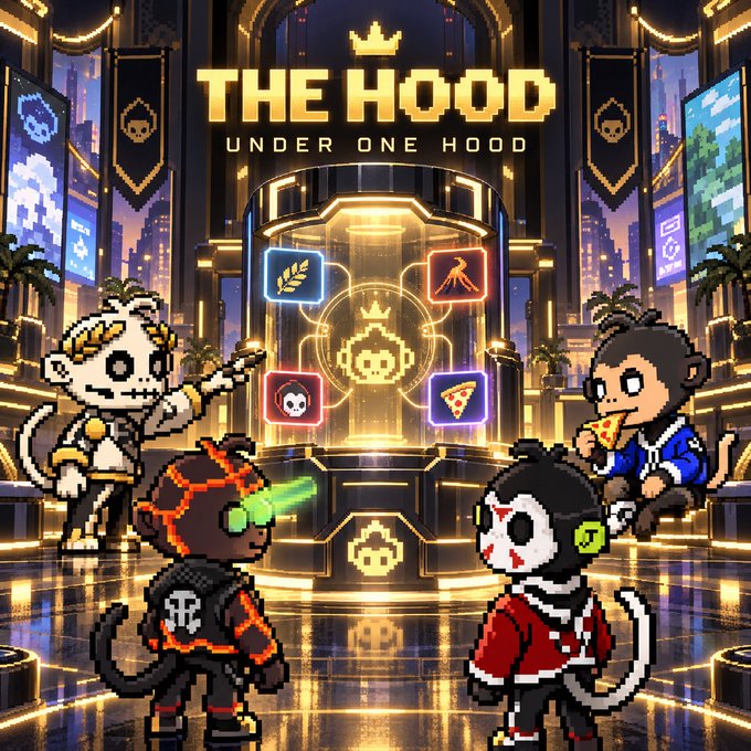 Pixel-art style artwork titled 'THE HOOD - UNDER ONE HOOD' displays four monkey-like characters in various costumes gathered around a glowing central trophy displaying icon symbols including a skull, pizza, and pickaxe.