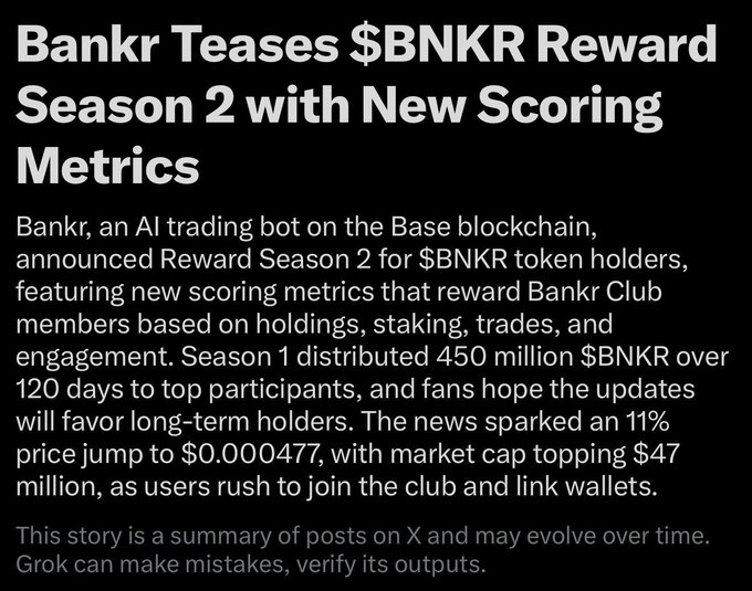 The image shows a black background with white text, which reads "Bankr Teases $BNKR reward Season 2 with New Scoring Metrics". The text also mentions that there will be new scoring metrics for season 2 of the show.