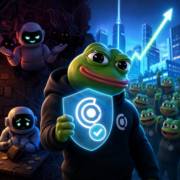 Digital illustration of a green Pepe-like frog character in a black hoodie holding a glowing blue shield with a checkmark, with an upward arrow graph, robots, and a crowd of frogs in a cyberpunk city background.