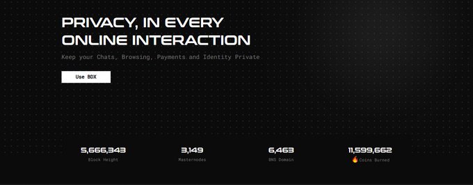 A dark webpage banner reads 'PRIVACY, IN EVERY ONLINE INTERACTION' with the tagline 'Keep your Chats, Browsing, Payments and Identity Private' and a 'Use BOX' button, displaying stats like '5,666,343 Block Height' and '1,599,662 Coins Burned'.